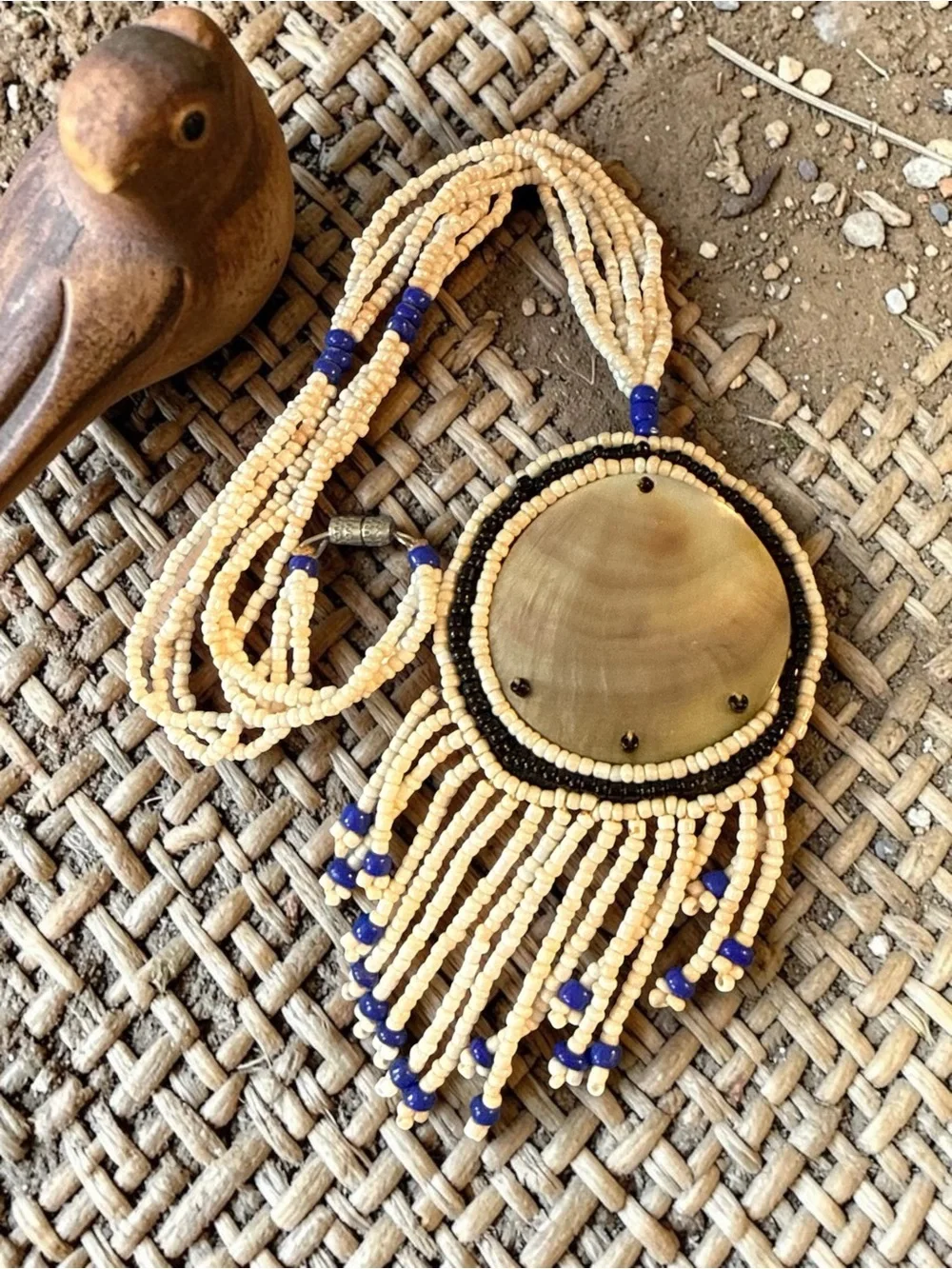 Vintage Beaded Statement Necklace Shell Pendant Fringe Boho Tribal Style